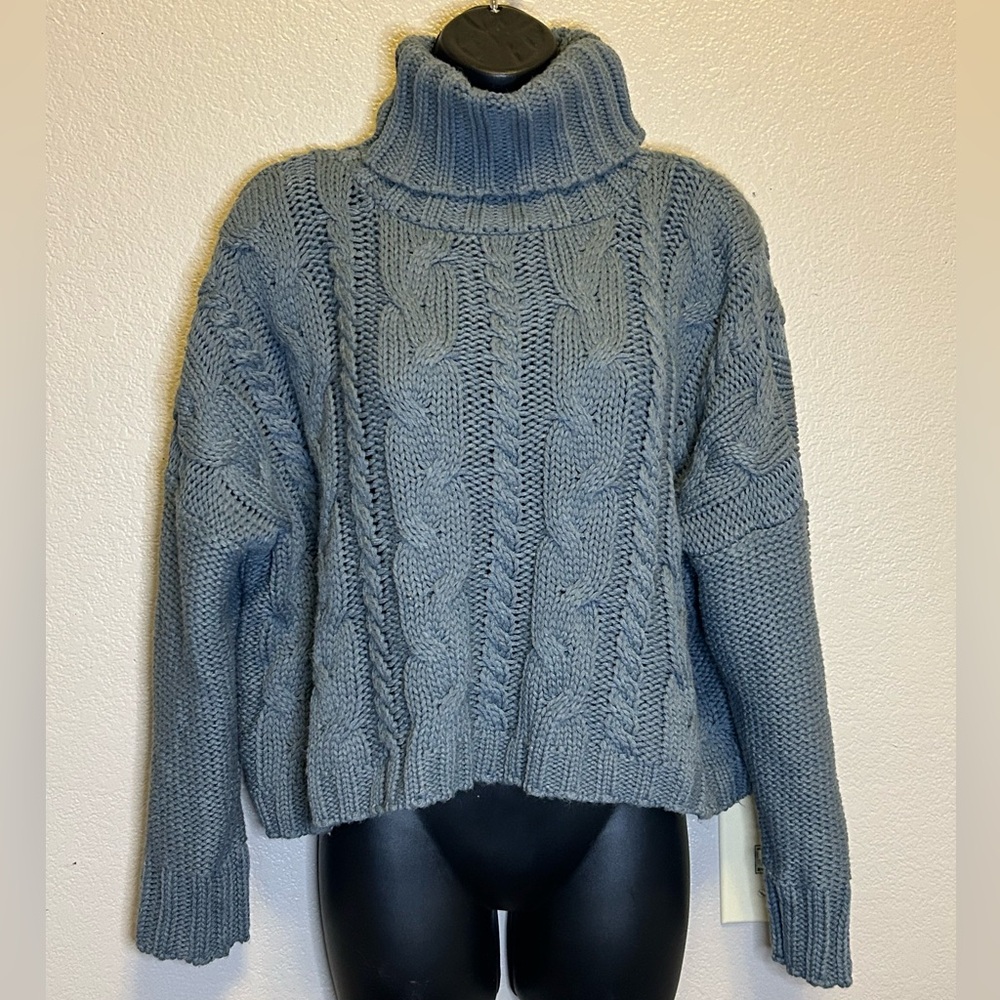 Love Tree Sweater Turtleneck Chunky Cable Knit Cropped Blue Pullover BOHO Sz S